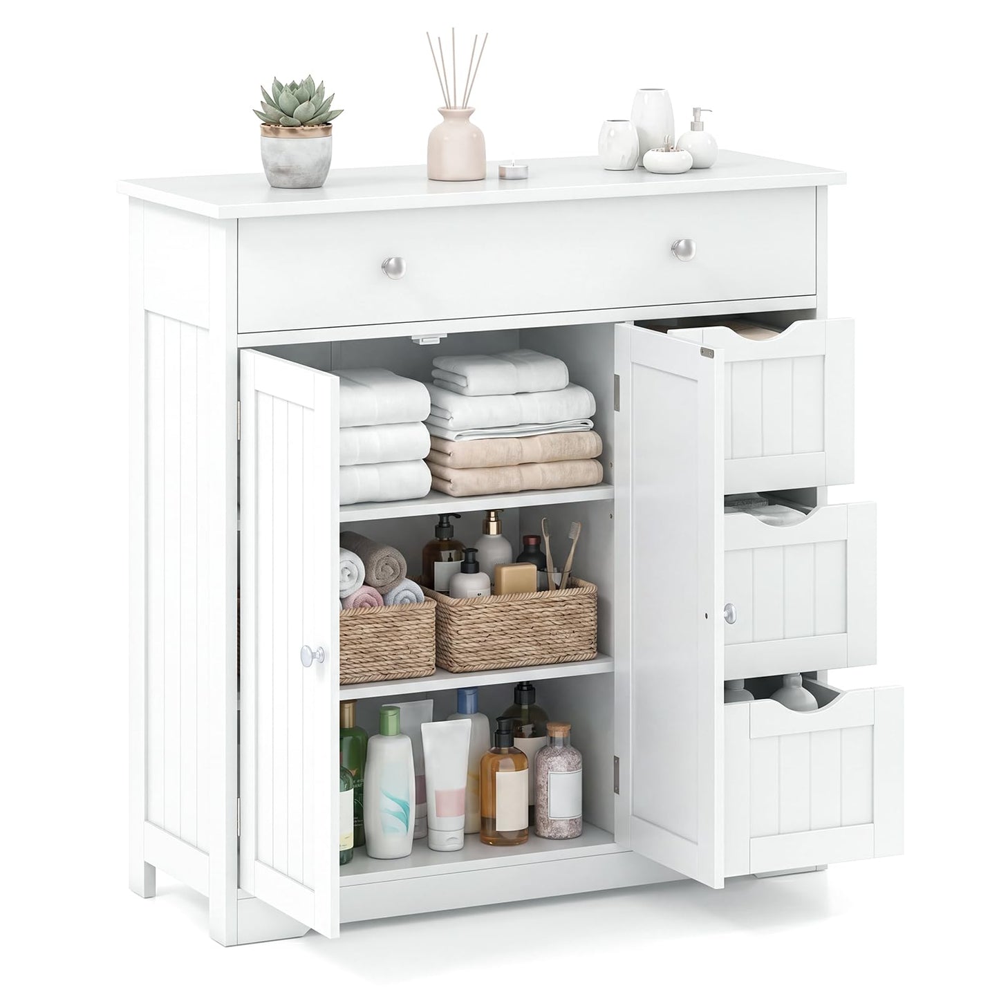 Bathroom Floor Cabinet, Freestanding Wooden Storage Cupboard with 4 Drawers