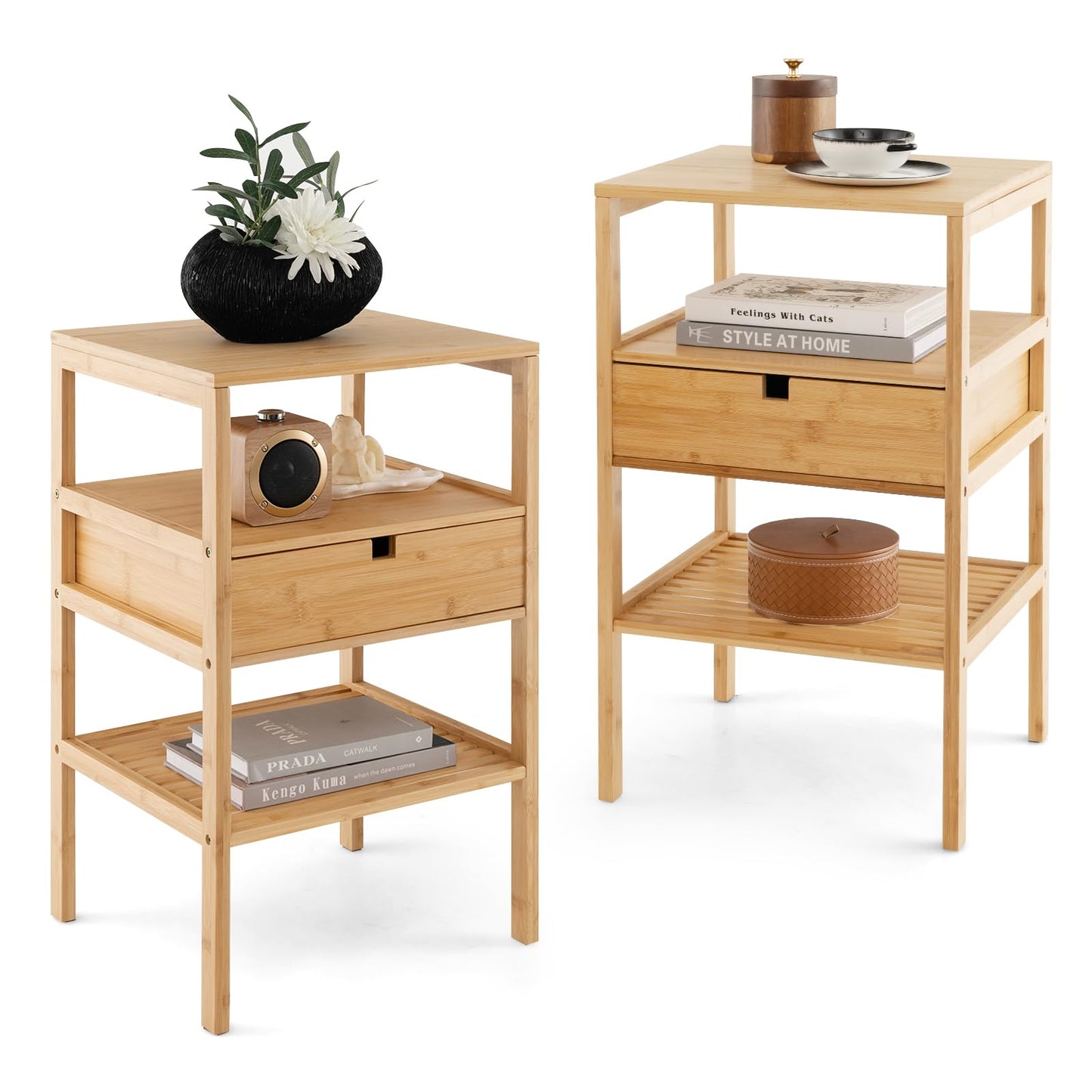 Set of 2 Multipurpose Bamboo Nightstand with Storage Drawer and Slatted Shelf