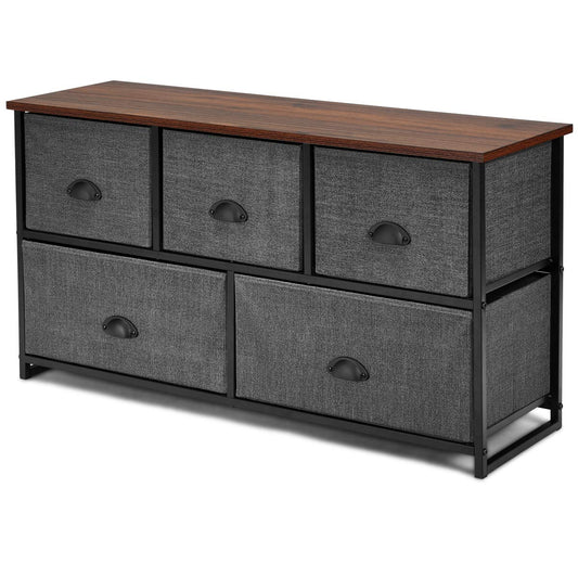 Fabric 5 Drawer Dresser Cabinet with Wooden Top