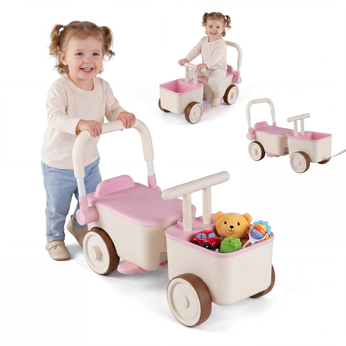 3-in-1 Kids Ride On Push Car with Foldable Push Handle and Storage Basket