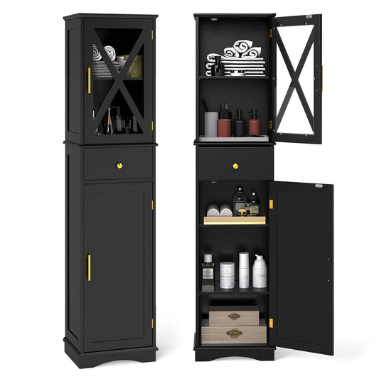 Wooden Freestanding Bathroom Tall Cabinet with 2 Doors & Adjustable Shelves