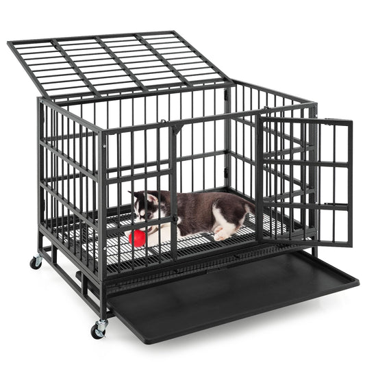 96/120cm Metal Dog Cage Foldable with Double Door and Wheels