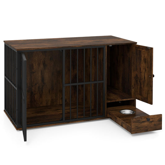 120CM Dog Crate Furniture with Hidden Pull-out Bowls in Drawer Rating: