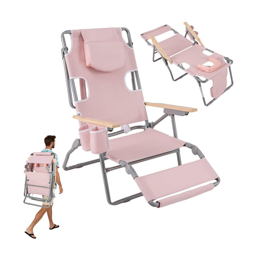 3-IN-1 Foldable Beach Chair Lay-Flat Tanning Chair with Face Hole