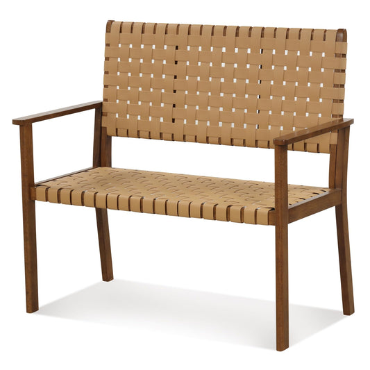 Outdoor All Weather Bench with Solid Rubber Wood Frame and Hand Woven PU Leather