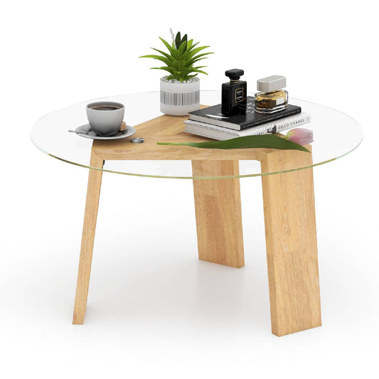 Round Coffee Table with Rubber Wood Tripod Support Frame