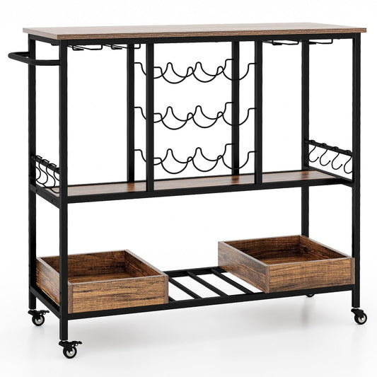 3 Tiers Bar Cart on Wheels with Glass Racks