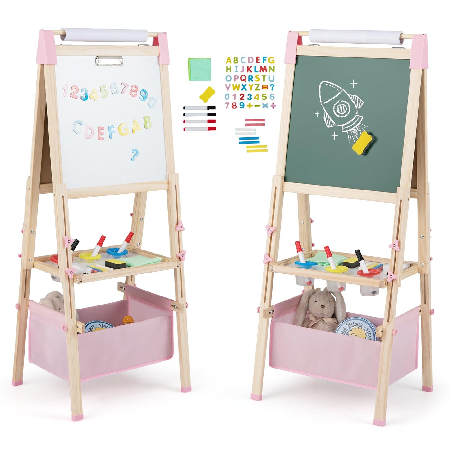 Adjustable Height Double Sided Easel with Magnetic Chalkboard for Toddlers