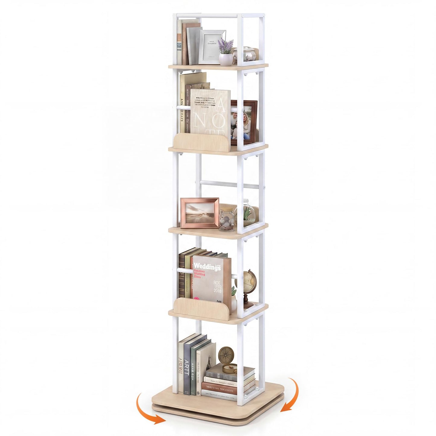 5-Tier Rotating Bookshelf Tower with 360° Spin & Side Rails for Small Spaces