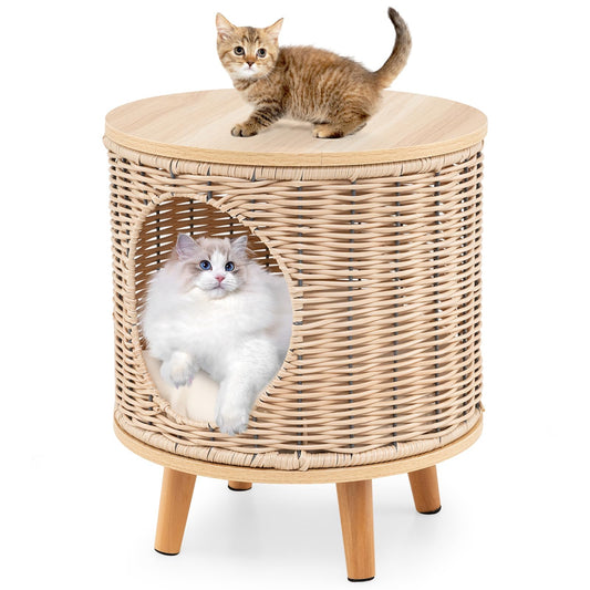 Wicker Cat Bed Ottoman Elevated Cats Cave Sleeping House