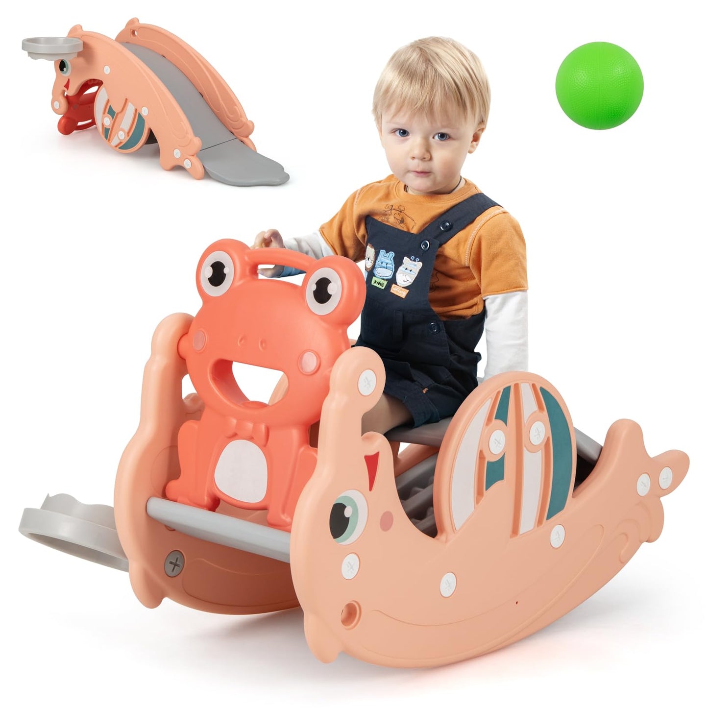 3-in-1 Kids Slide Rocking Horse Set Convertible with Basketball Hoop