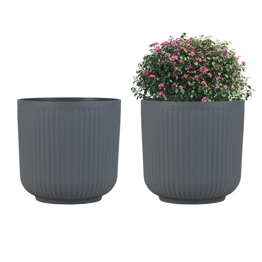 Giantex 2 Pack Round Plastic Planters 32cm Striped Flower Pots with Optional Drainage System