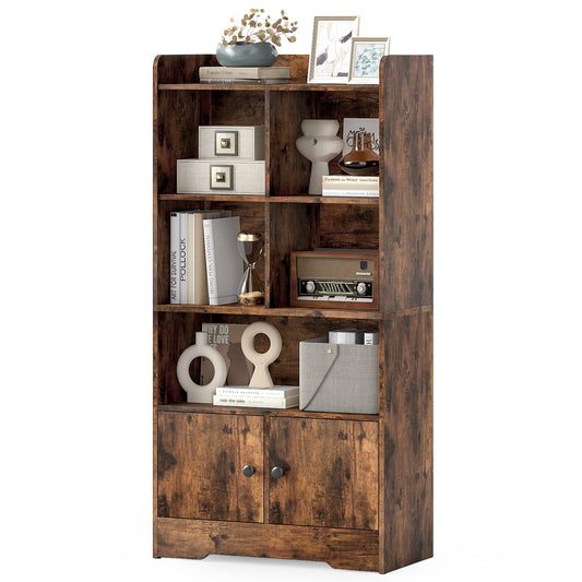 Freestanding Bookcase with 2 Storage Cabinets and 5 Cubbies