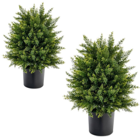 Set of 2 Artificial Cedar Topiary Ball Trees with Cement Pot