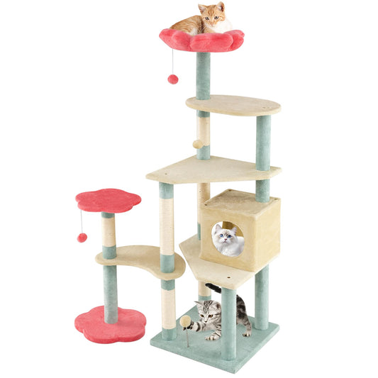 Multi-Level Aesthetic Floral Kitten Tower with Flower-Shaped Padded Perch