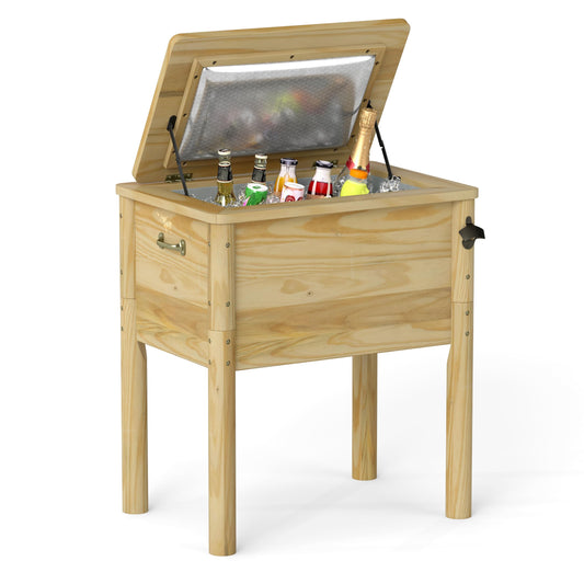 Giantex Wooden Patio Cooler 51L Outdoor Beverage Cooler with 3 Handles Drainage Cap