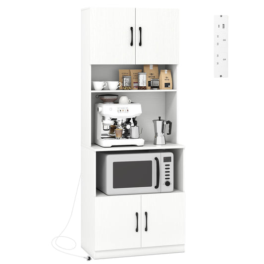 Pantry Cabinet with Power Outlets Freestanding Narrow Kitchen Hutch with 4 Doors