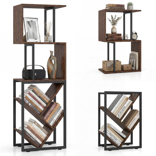 6-Tier Bookshelf, Industrial S-Shaped Geometric Bookcase