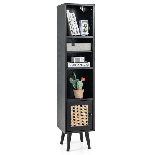 Freestanding Slim Cabinet with Rattan Door and Solid Wood Legs