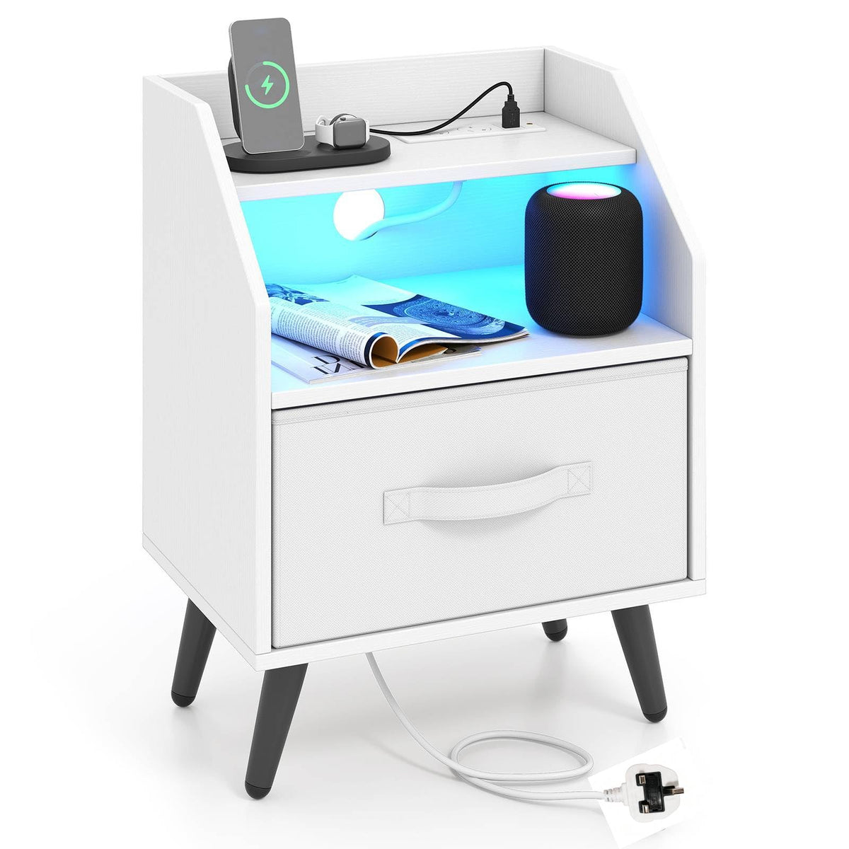 Bedside Table with Charging Station and LED Lights