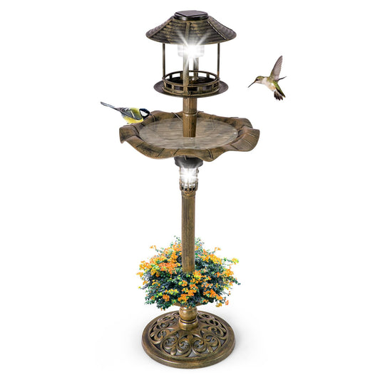4 in 1 Bird Feeder and Bath with Solar Lights & Flower Planter Base