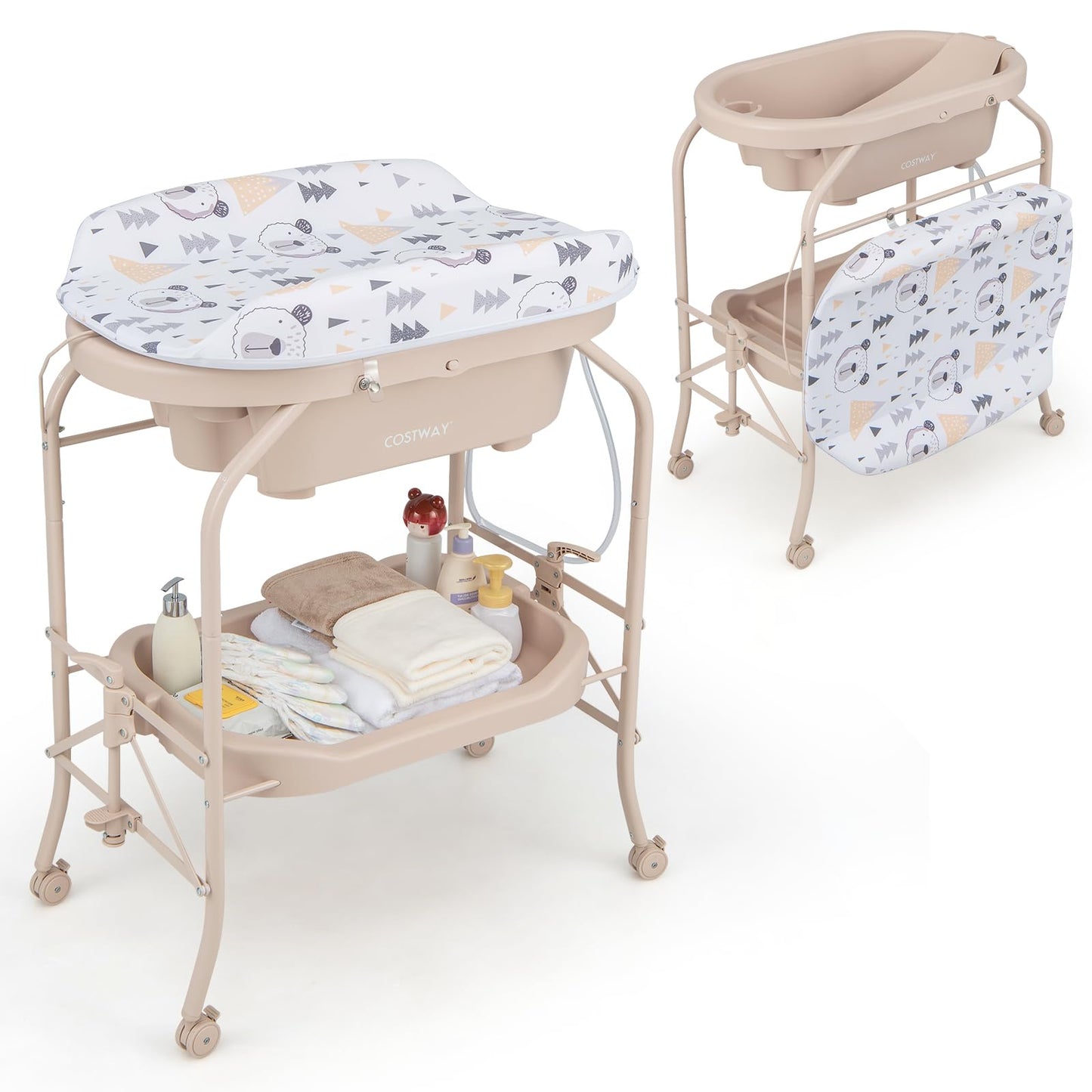4 in 1 Baby Changing Table Folding Infant Nursery Station with Bath Tub