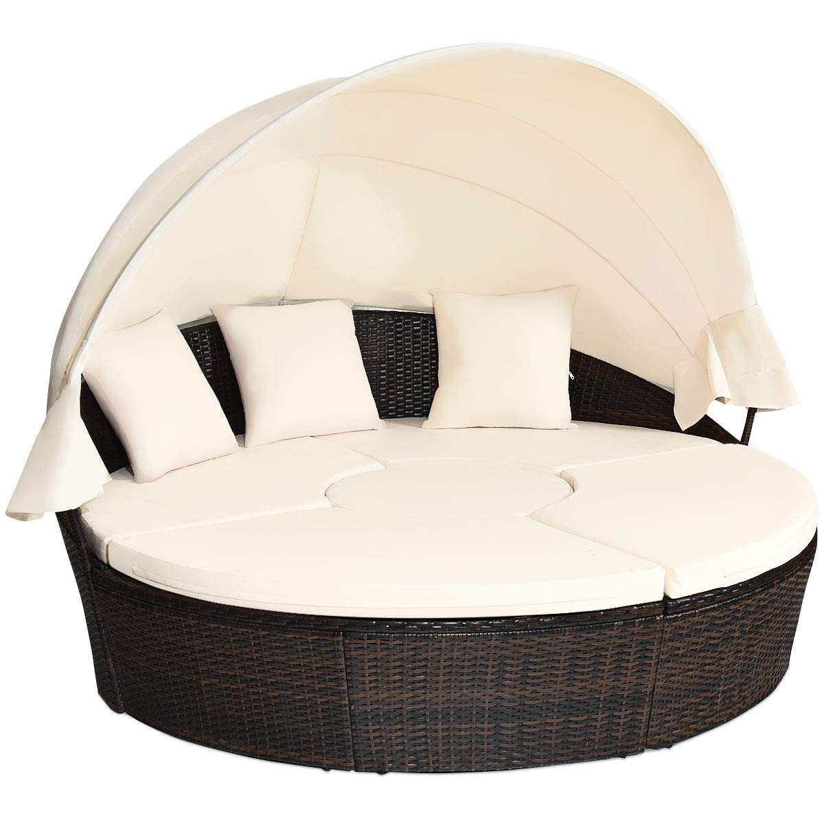 Patio Wicker Sun Bed Sectional Sofa Set with Retractable Canopy