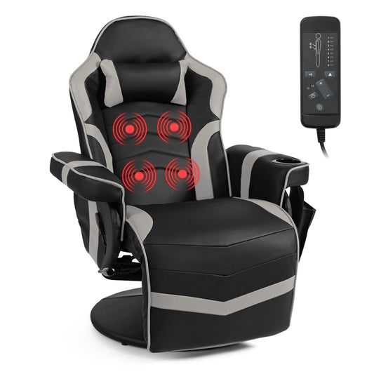 Height Adjustable Swivel Racing Video Massage Gaming Chair with Retractable Footrest