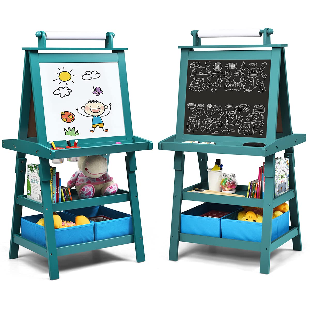Double Sided Blackboard and Magnetic Whiteboard Easels with Paper Roll
