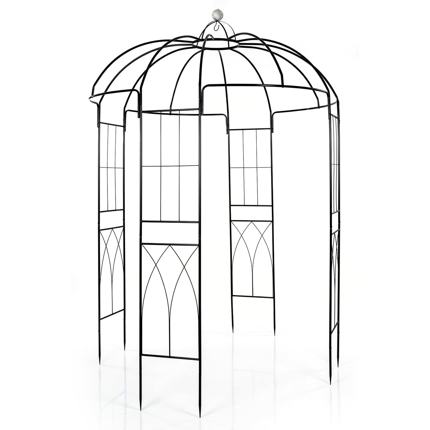 4-Sided Metal Garden Arch, Birdcage Shape Pergola Pavilion Arbor with Ground Spikes