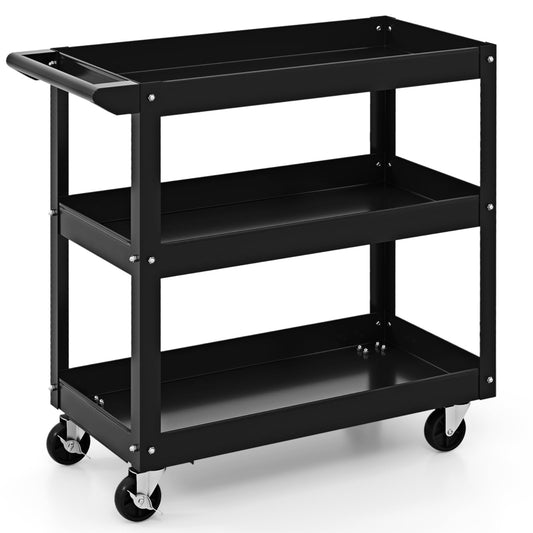 3-Tier Tool Trolley with Handle and Lockable Wheels