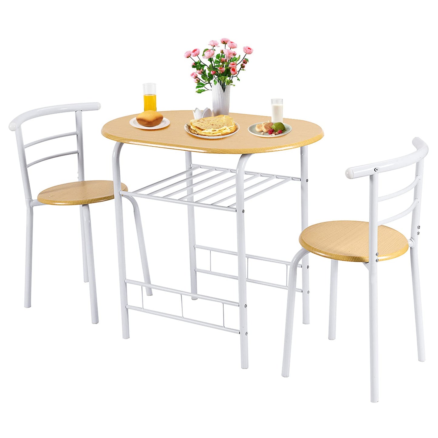 3-Piece Dining Table Set with Extra Wine Rack and Metal Frame