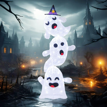 4 FT Lighted Stacked Ghosts with 120 LED Lights and 4 Metal Ground Stakes