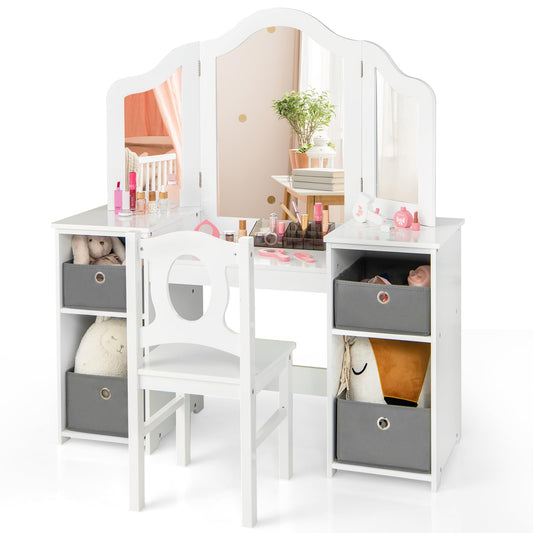 Kids Vanity Desk and Chair 2 in 1 Toddler Makeup Pretend Play Table