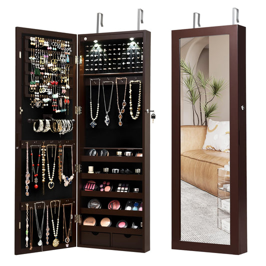 Lockable Jewelry Cabinet with Full Length Mirror and LED Lights