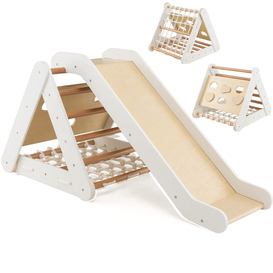 4 in 1 Wooden Triangle Climbing Set with Ramp Sliding Board