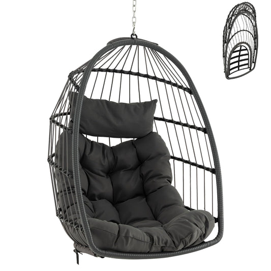 Foldable Rattan Hanging Chair with Soft Cushion and Head Pillow