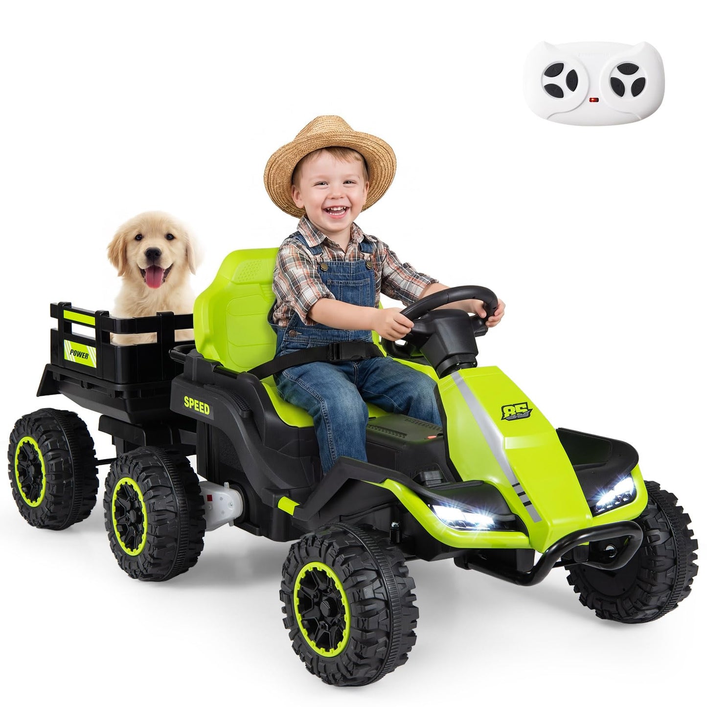 24V Ride on Tractor with Trailer, Kids Electric Car