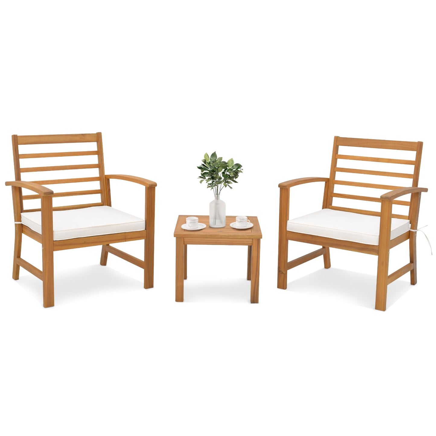 3-Piece Patio Bistro Set Acacia Wood Garden Furniture Set with Coffee Table 2 Armchairs