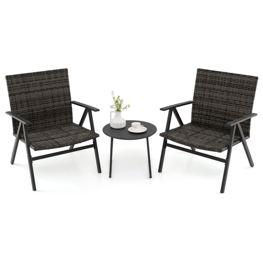 3 Piece Patio Bistro Set Metal Frame Leisure Armchair and Table Set with Rattan Seat and Back