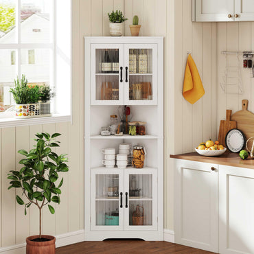 171cm Tall Space-saving Corner Cabinet with 4 Tempered Glass Doors and Adjustable Shelves