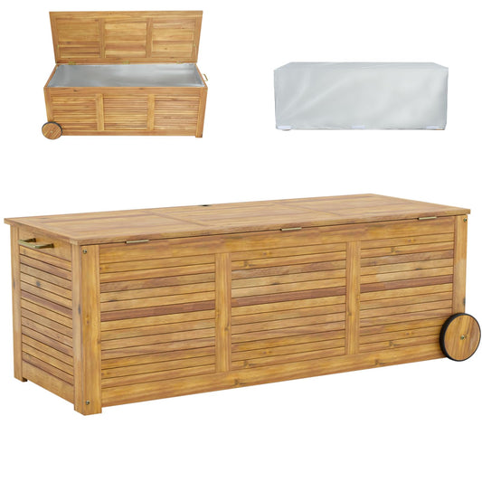 180L Acacia Wood Deck Boxes with Wheels and Waterproof Cover