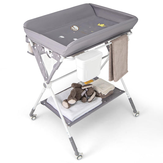 Baby Changing Table Foldable Infant Care Station with Wheels & Trash Can