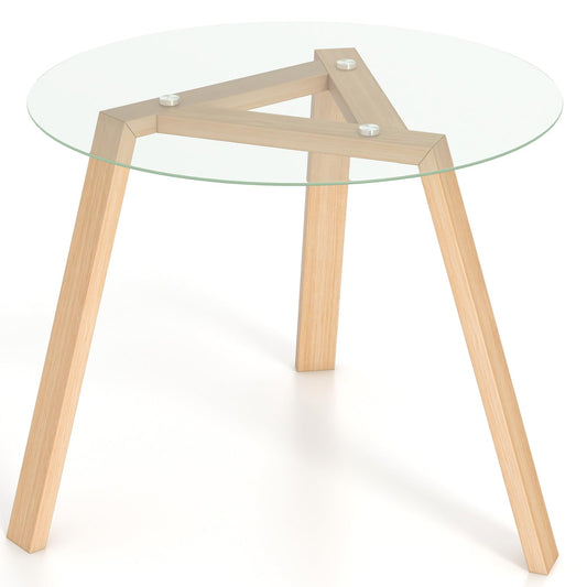 90cm Modern Round Kitchen Tables with Tempered Glass Tabletop and Rubber Wood Base