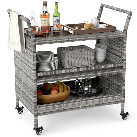 Outdoor Bar Cart 3-Tier Patio Rattan Storage Shelf Wicker Serving Table