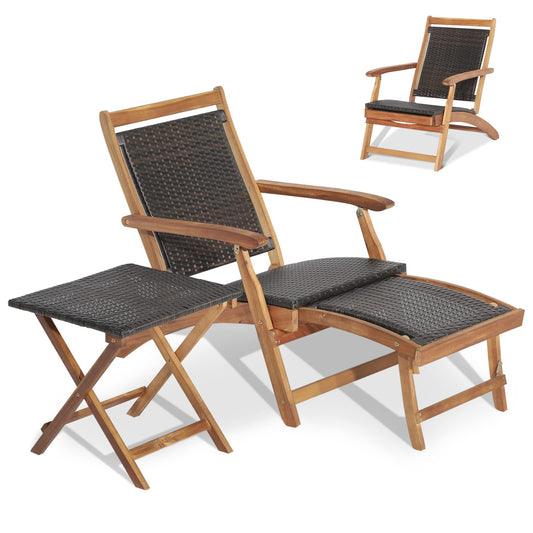 Folding Sun Lounger with Retractable Footrest & Wicker Side Table