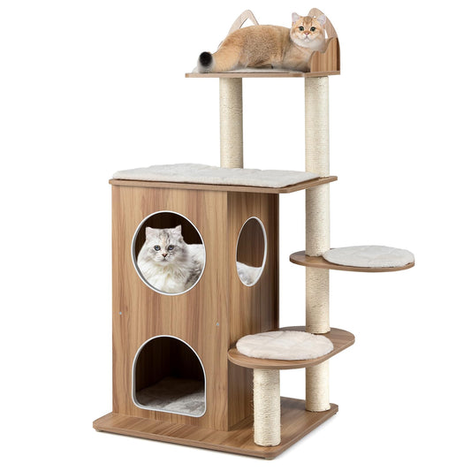 Wooden Cat Tree, 122cm Tall Multi-Layer Cat Tower with Cute Top Perch