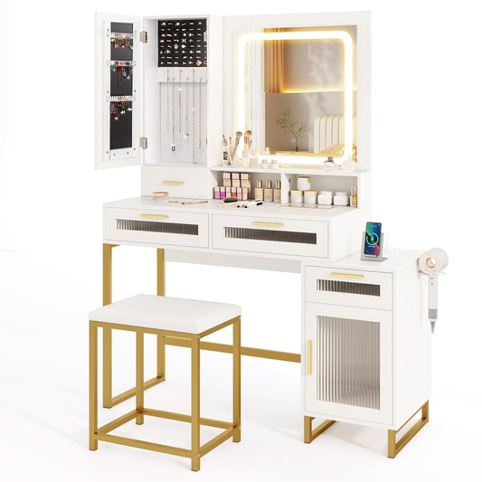 Dressing Table and Chair Set with 3 Lighting Modes and Adjustable Brightness