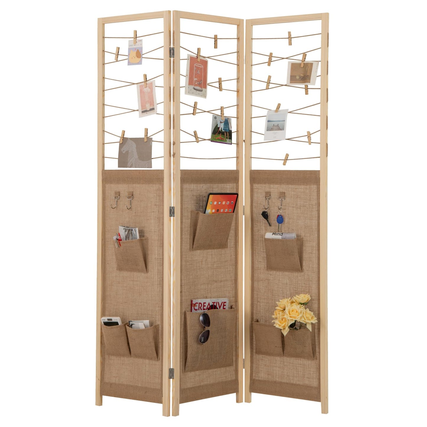 3 Panel Folding Room Divider with 8 Pockets