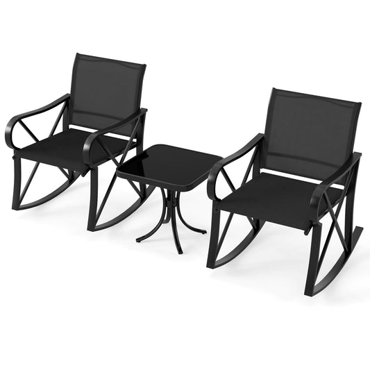 3-Piece Patio Metal Frame Rocking Bistro Set with Tempered Glass-Top Side Table